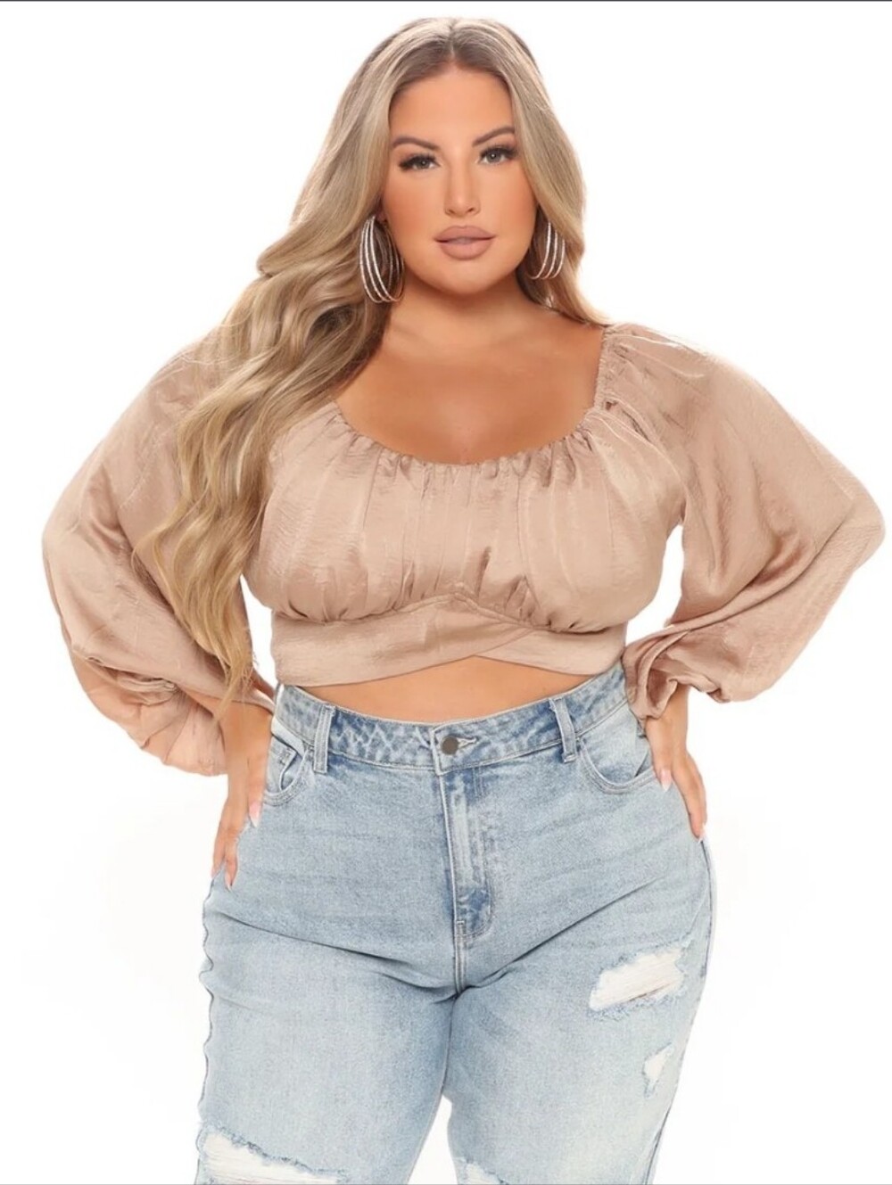 Fashion Nova Beige Satin Puff-Sleeve Crop Blouse
